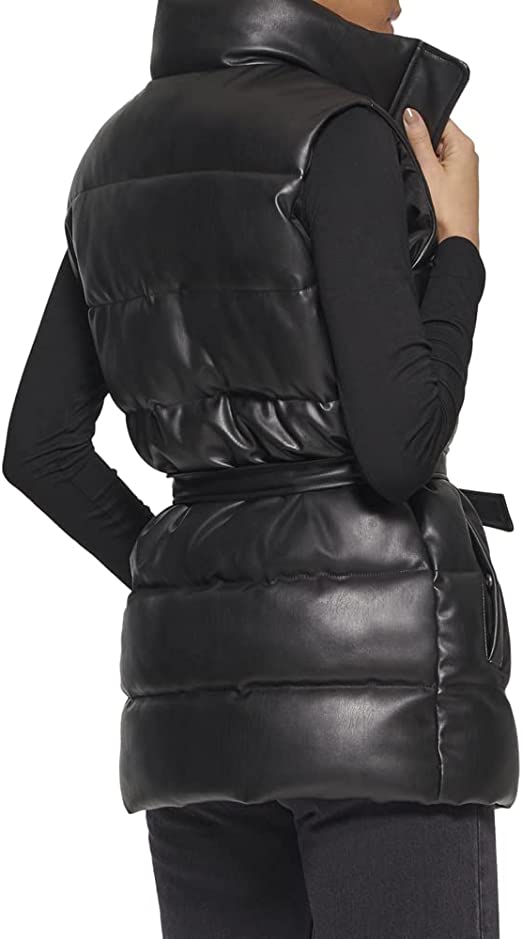 Women's Puffer Leather Vest in Black with Belt