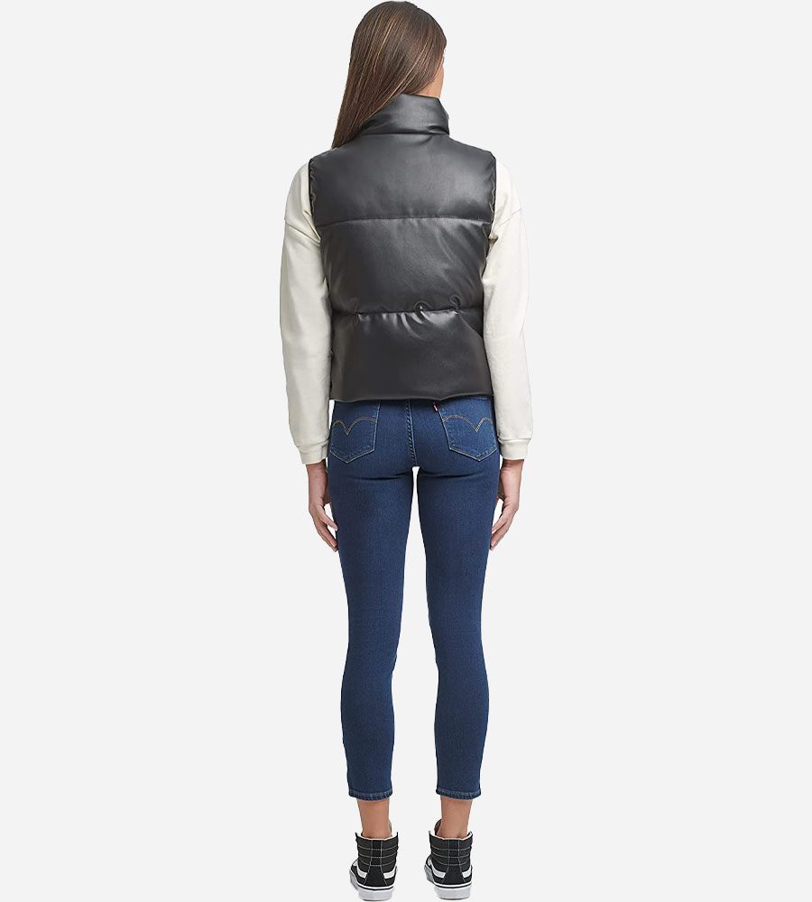 Women's Puffer Leather Vest In Black