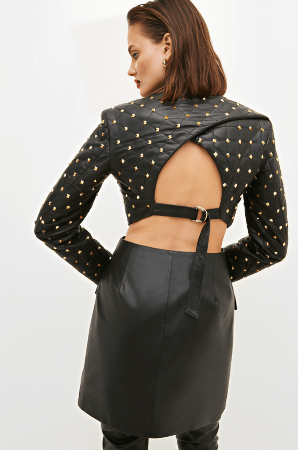 Women's Quilted Studded Leather Blazer in Black - Elegant Outerwear