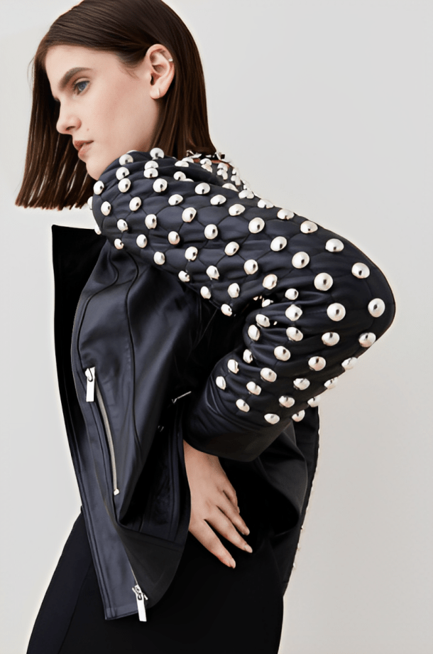 Women's Quilted Studded Leather Jacket in Black - Stylish & Edgy