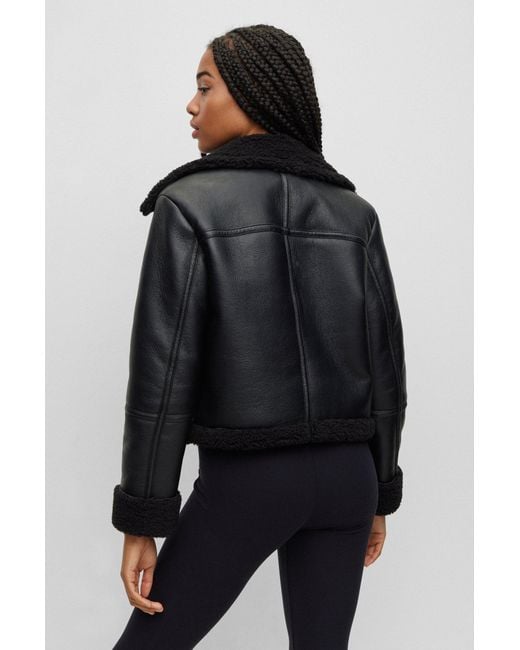 Women's Shearling Biker Leather Jacket in Black - Stylish & Warm