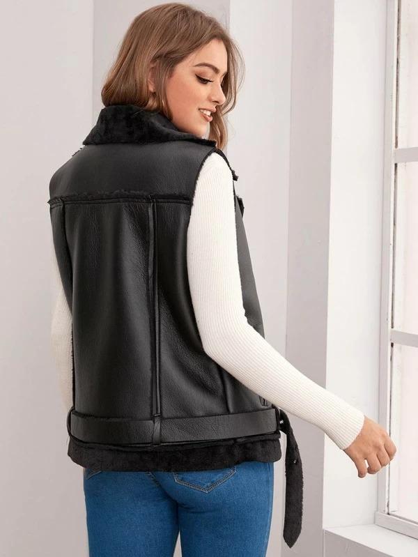 Women's Black Shearling Biker Leather Vest - Stylish & War