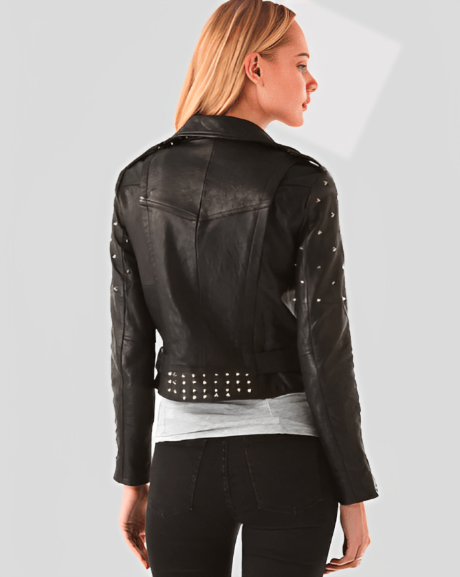 Women's Studded Biker Leather Jacket in Black - Edgy & Chic