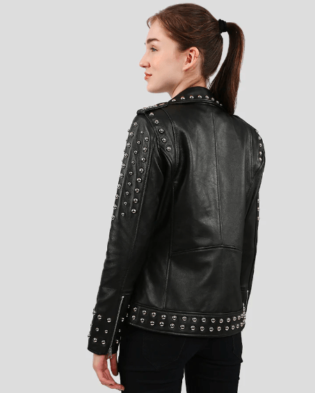 Women's Studded Leather Biker Jacket in Black - Edgy & Chic