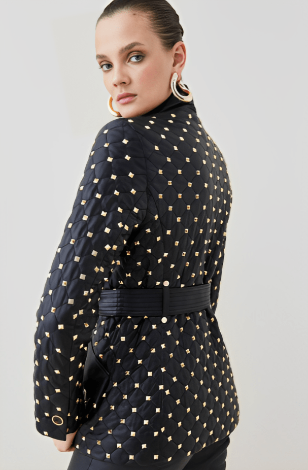 Women's Gold Studded Leather Blazer in Black - Fashionable Outerwear