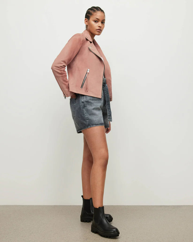 Women's Pink Suede Leather Biker Jacket