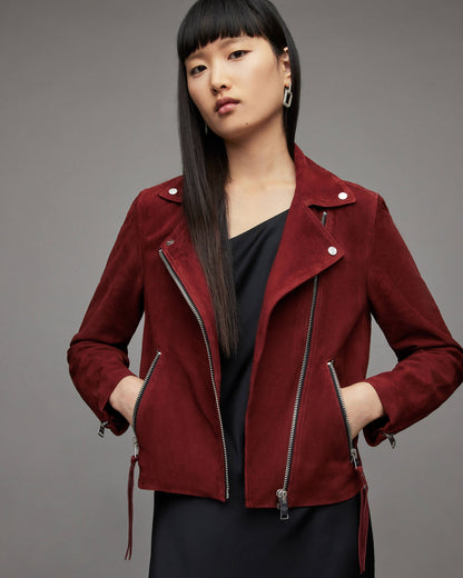  TOPGURUJACKETS Women's Suede Leather Biker Jacket in Red