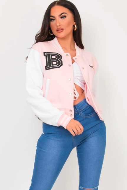 Women's Varsity Bomber Leather Jacket in Pink