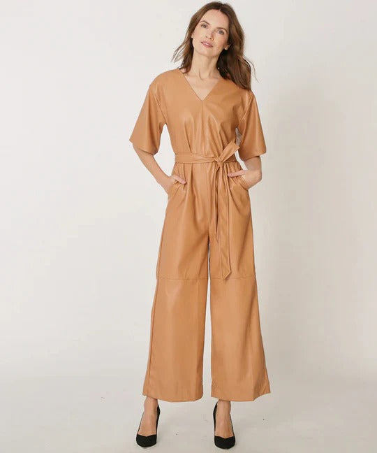 Trendy New Women's Brown Leather Jumpsuit for Stylish Comfort