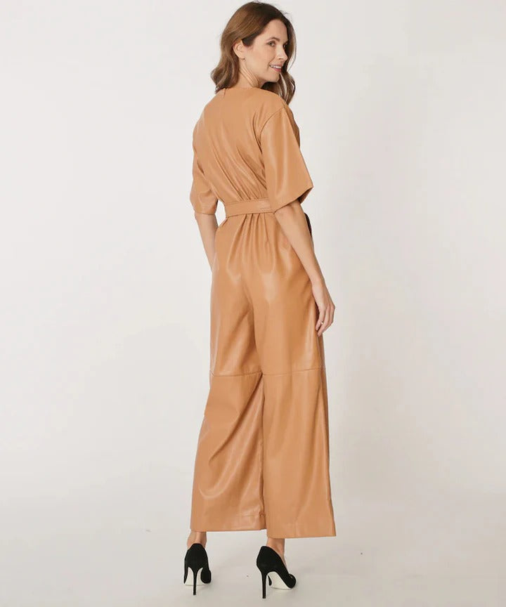 Trendy New Women's Brown Leather Jumpsuit for Stylish Comfort