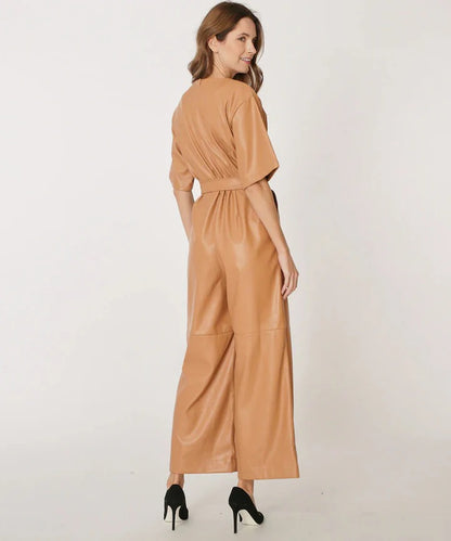 Trendy New Women's Brown Leather Jumpsuit for Stylish Comfort