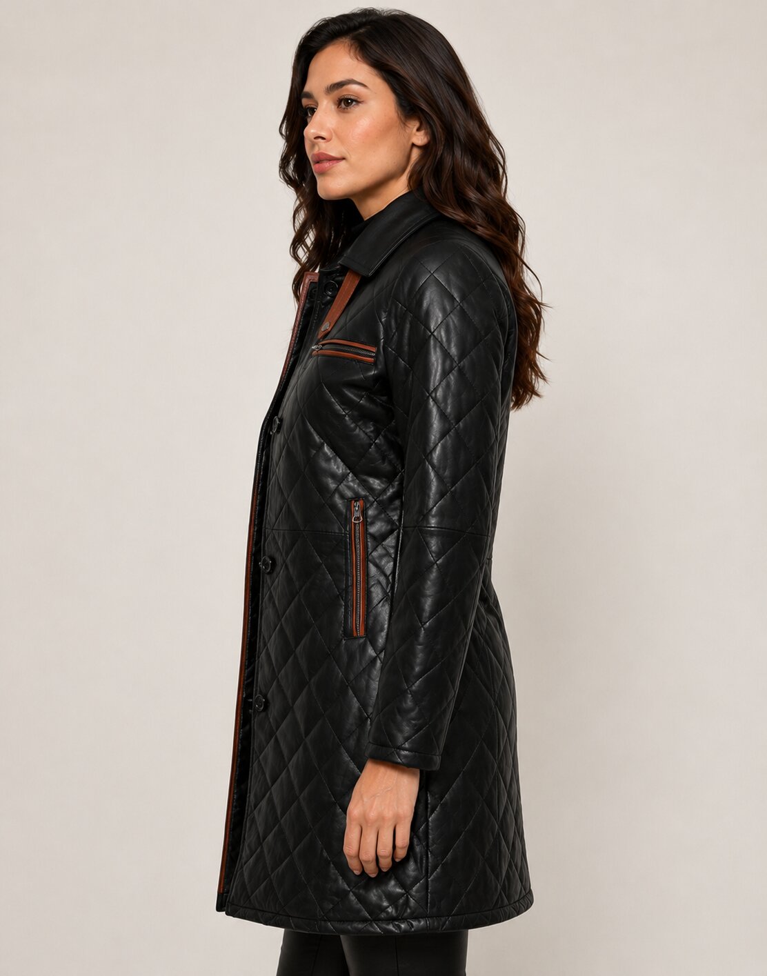 Classic Women Black Quilted Real Leather Car Coat