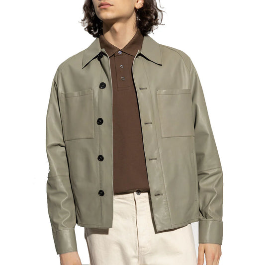 Stylish Green Men's Button-Down Leather Shirt