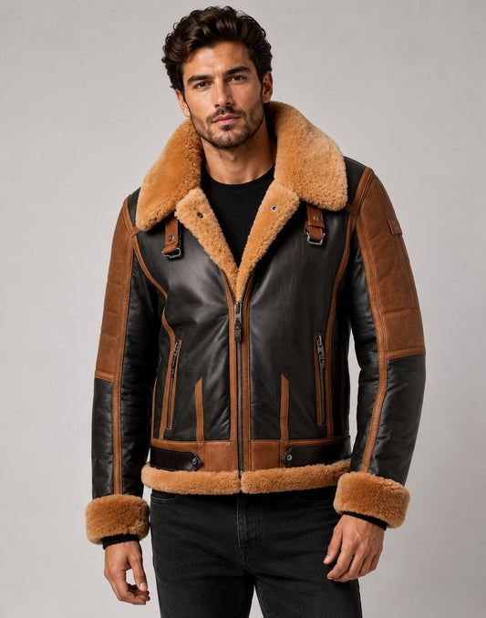 Men Black Sheepskin Leather Brown Lining Bomber Jacket