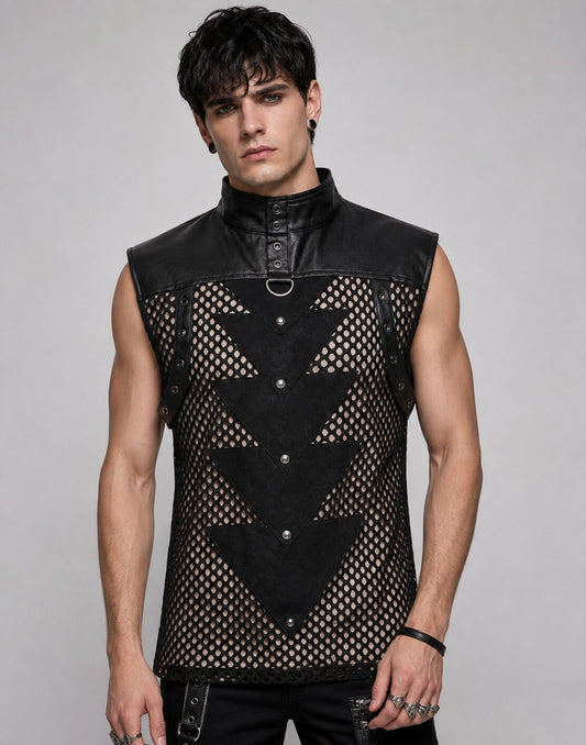 Men Gothic Black Leather and Mesh Sleeveless Vest