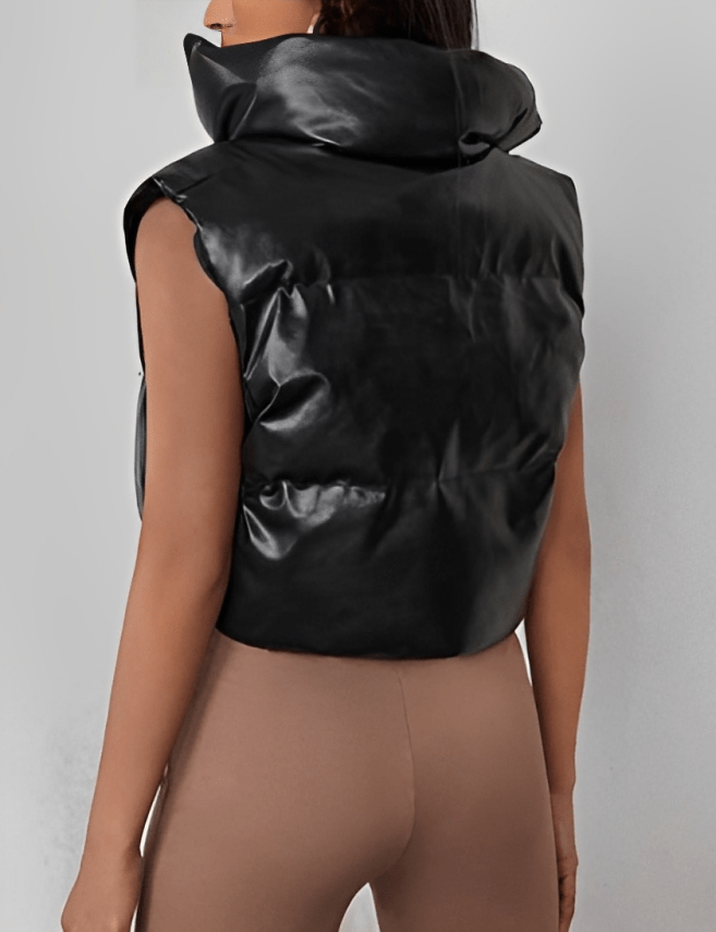 Women Black Cropped Puffer Leather Vest
