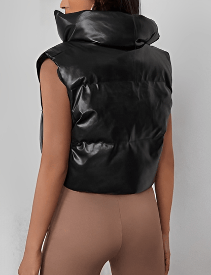 Women Black Cropped Puffer Leather Vest