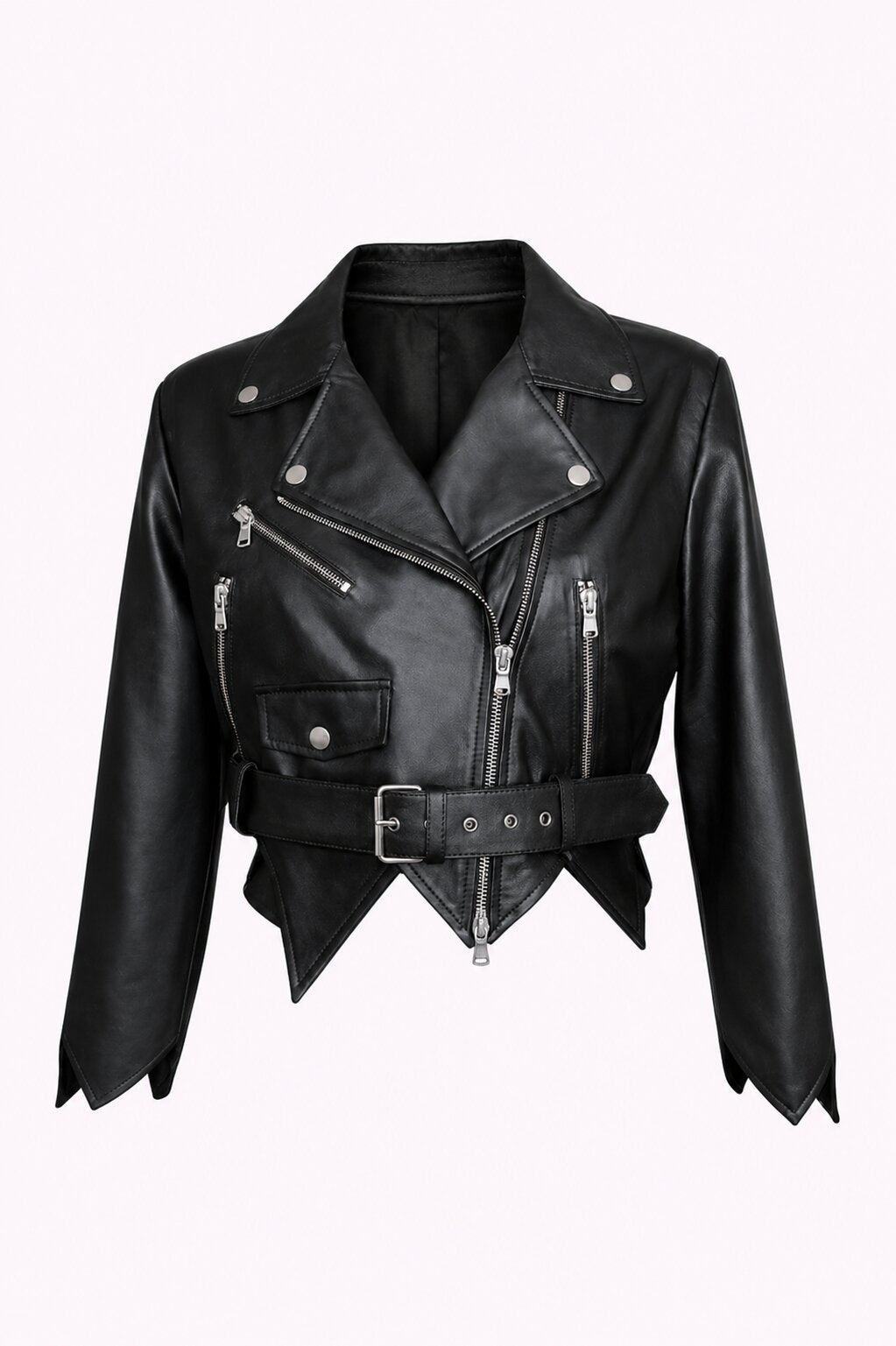 Women Black Genuine Leather Belted Biker Jacket
