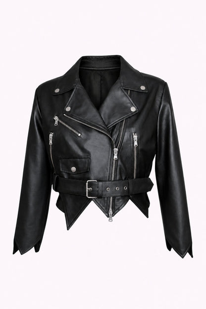 Women Black Genuine Leather Belted Biker Jacket