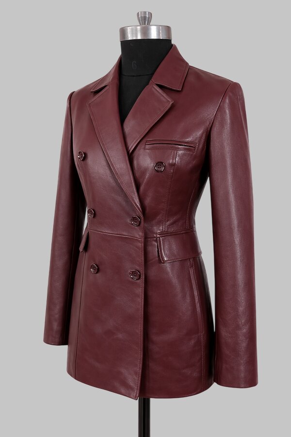 Women Burgundy Genuine Leather Double Breasted Blazer