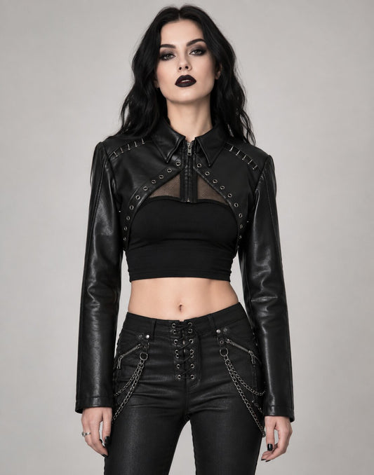 Women Gothic Black Cropped Leather Punk Jacket with Spikes