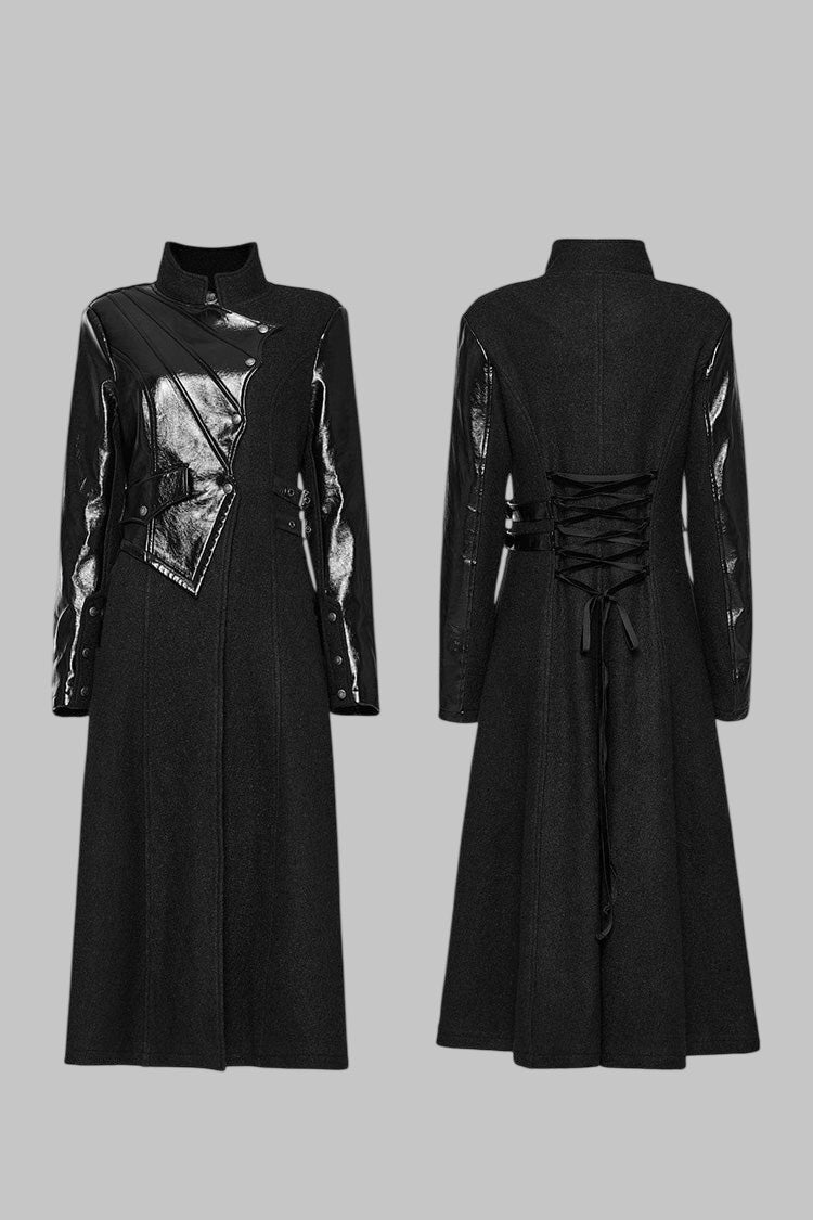 Women Gothic Black Faux Leather and Wool Trench Coat