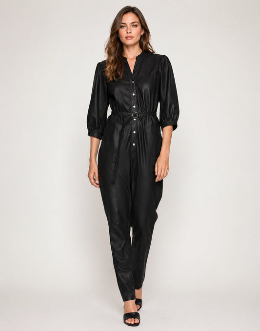 Women Premium Black Genuine Leather Jumpsuit