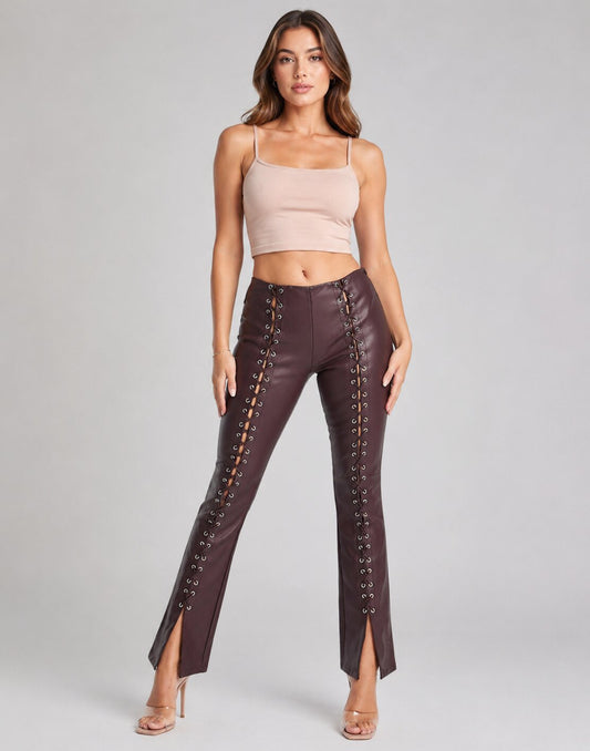 Women’s Premium Lace-Up Brown Leather Pant