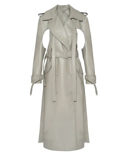 Women's Off White Double Breasted Duster Leather Trench Coat