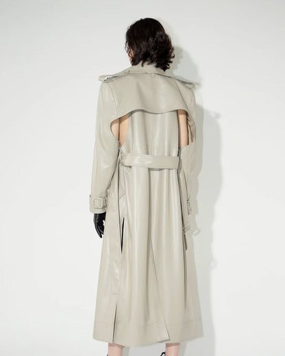 Women's Off White Double Breasted Duster Leather Trench Coat