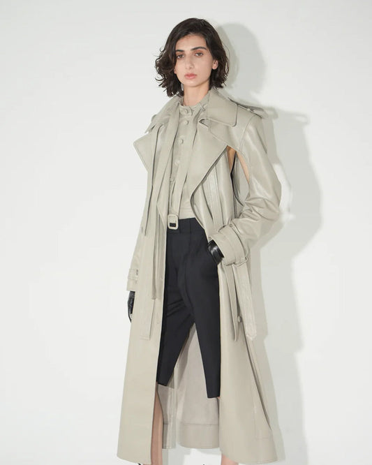 Women's Off White Double Breasted Duster Leather Trench Coat