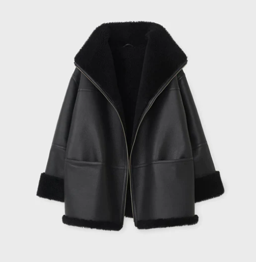  Women's Oversized Black Sheepskin Bomber Leather Jacket