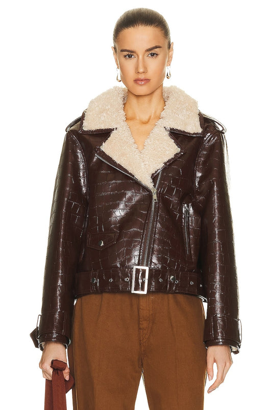 Women's Crocodile Textured Shearling Leather Biker Jacket in Dark Brown - Luxurious & Warm