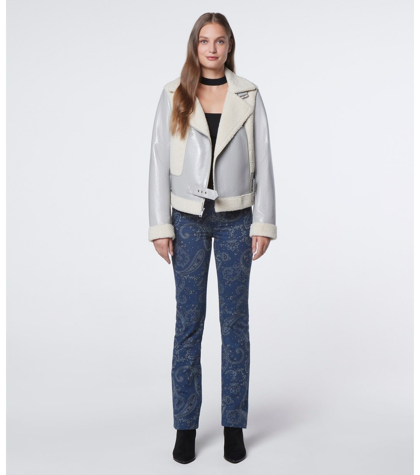 Women's Shearling Leather Biker Jacket in Pearl Blue - Elegant & Warm