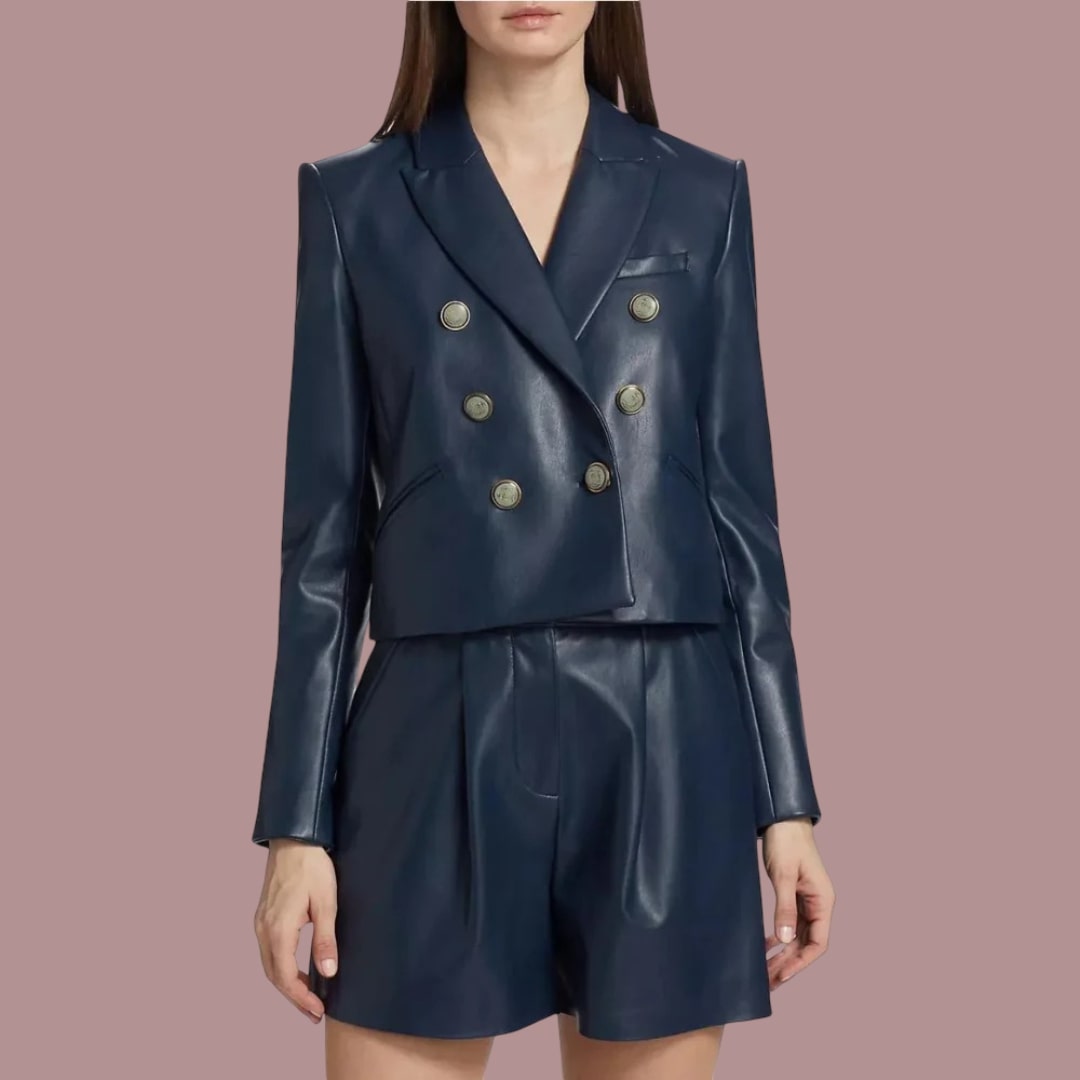 Premium Women Double Breasted Royal Blue Real Leather Blazer