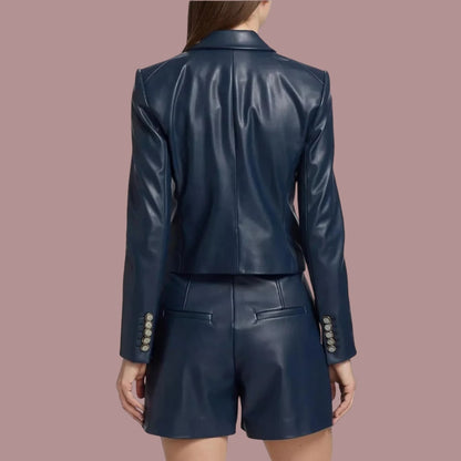 Premium Women Double Breasted Royal Blue Real Leather Blazer