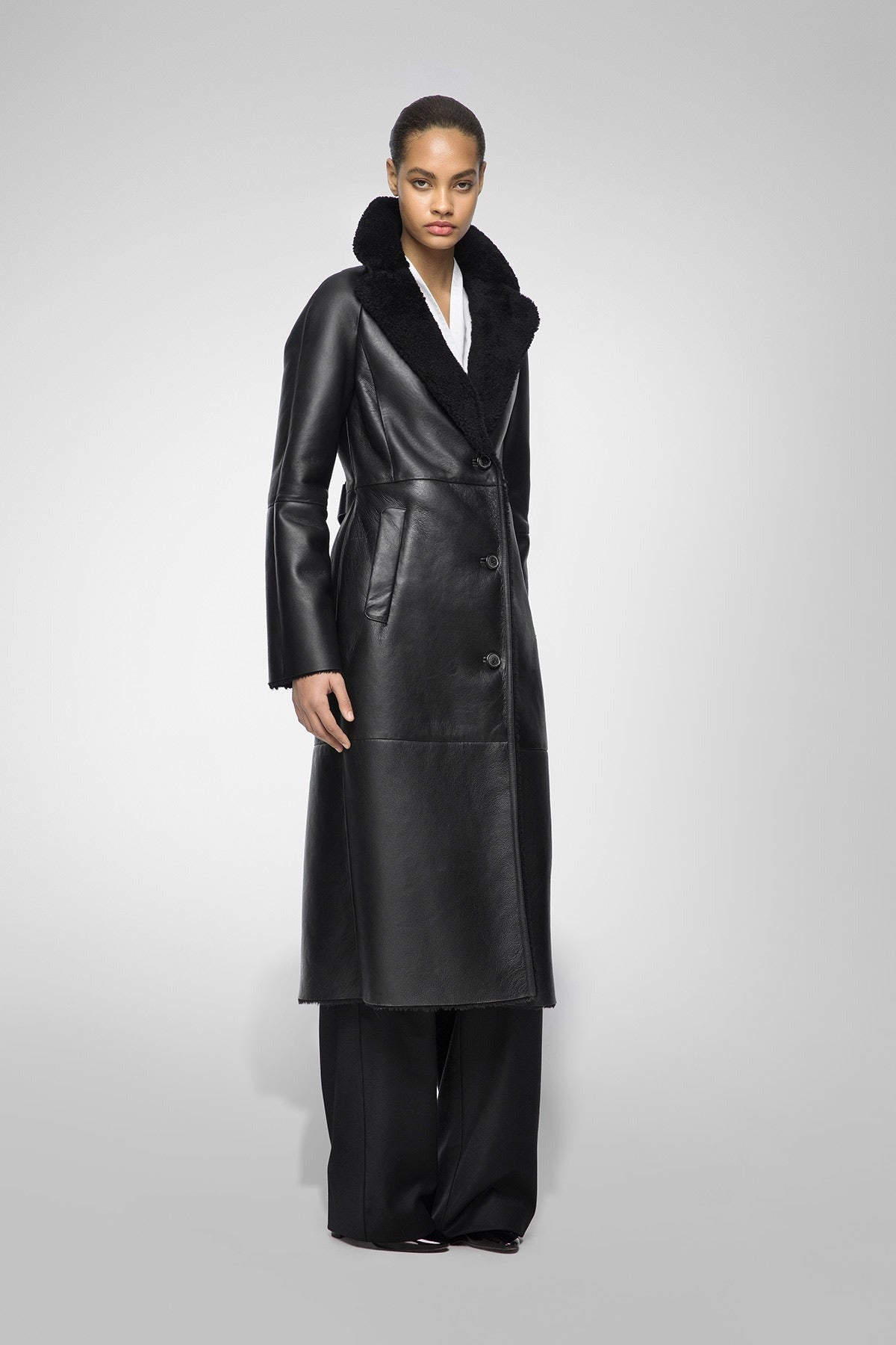 Women Black Leather Shearling Coat