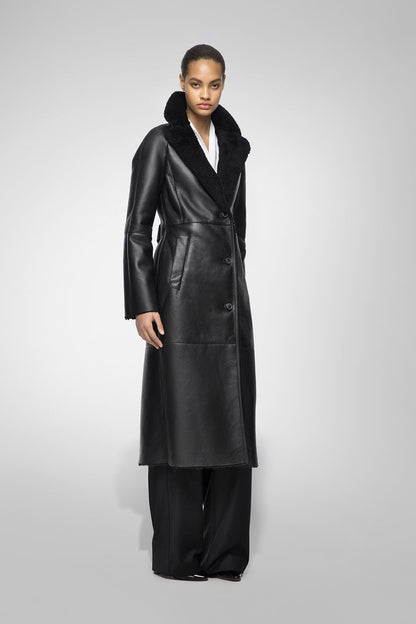 Women Black Leather Shearling Coat