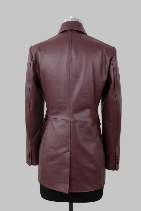 Women Burgundy Genuine Leather Double Breasted Blazer