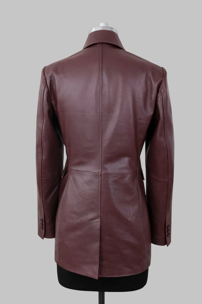 Women Burgundy Genuine Leather Double Breasted Blazer