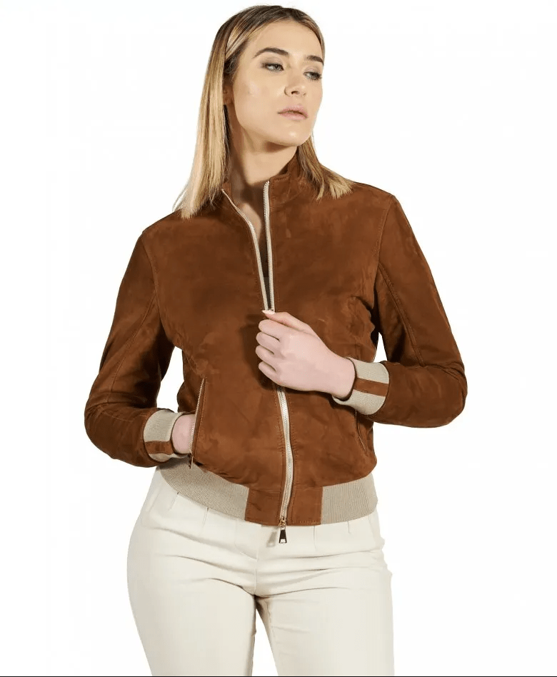Women Dark Brown Suede Leather Bomber Jacket