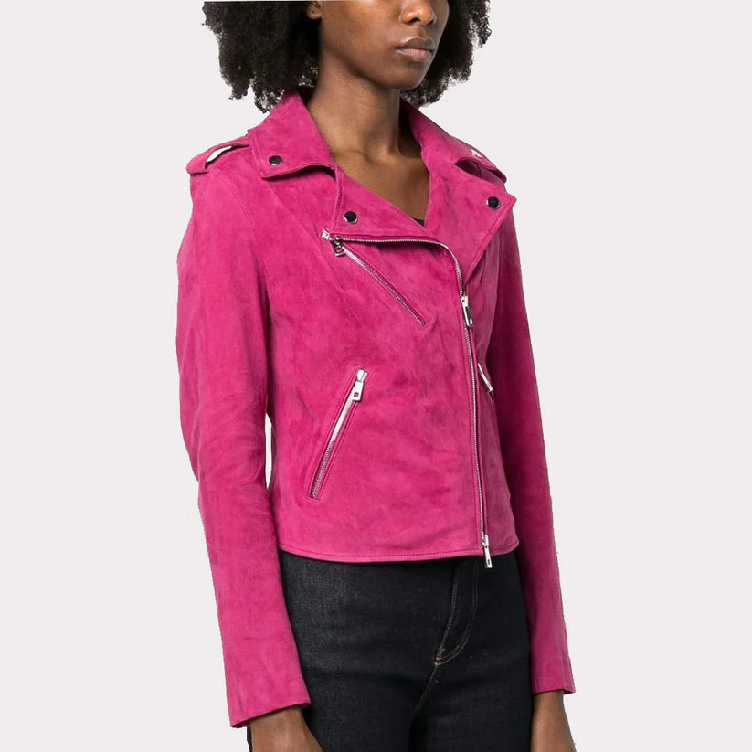Premium Women Hot Pink Suede Leather Biker Jacket