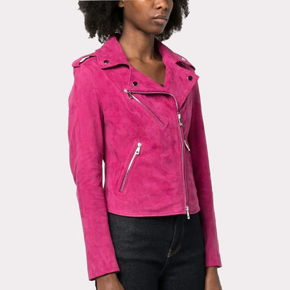 Premium Women Hot Pink Suede Leather Biker Jacket
