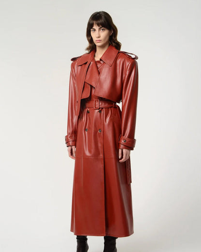 Women's Red Lambskin Leather Trench Coat