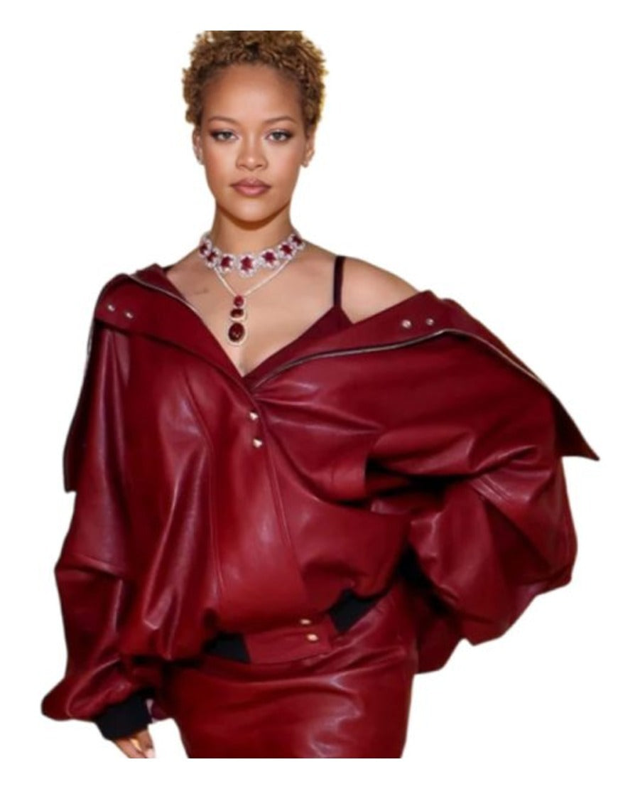 Rihanna Inspired Oversized Red Leather Jacket – Bold Celebrity Fashion