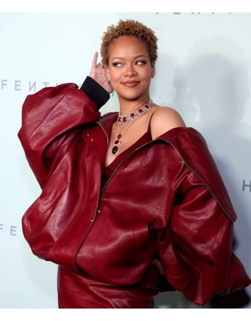 Rihanna Inspired Oversized Red Leather Jacket – Bold Celebrity Fashion