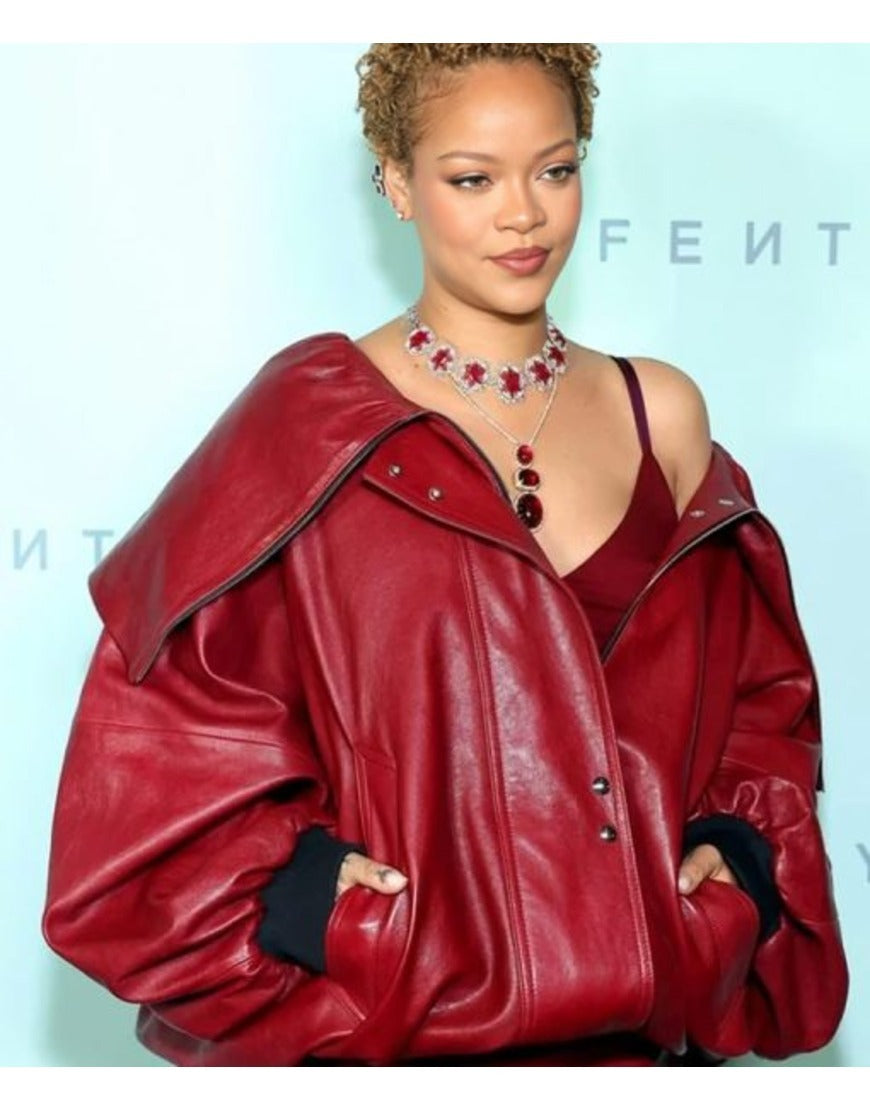 Rihanna Inspired Oversized Red Leather Jacket – Bold Celebrity Fashion