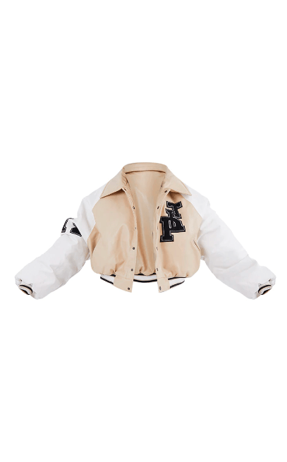 Women's Varsity Bomber Leather Jacket in Beige & White Sleeves