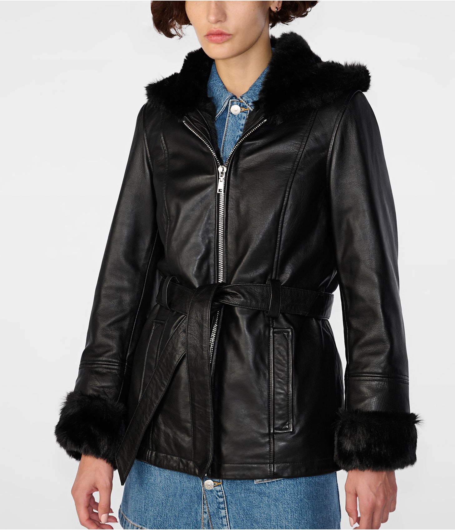  Shearling Collar Harrington Leather Jacket