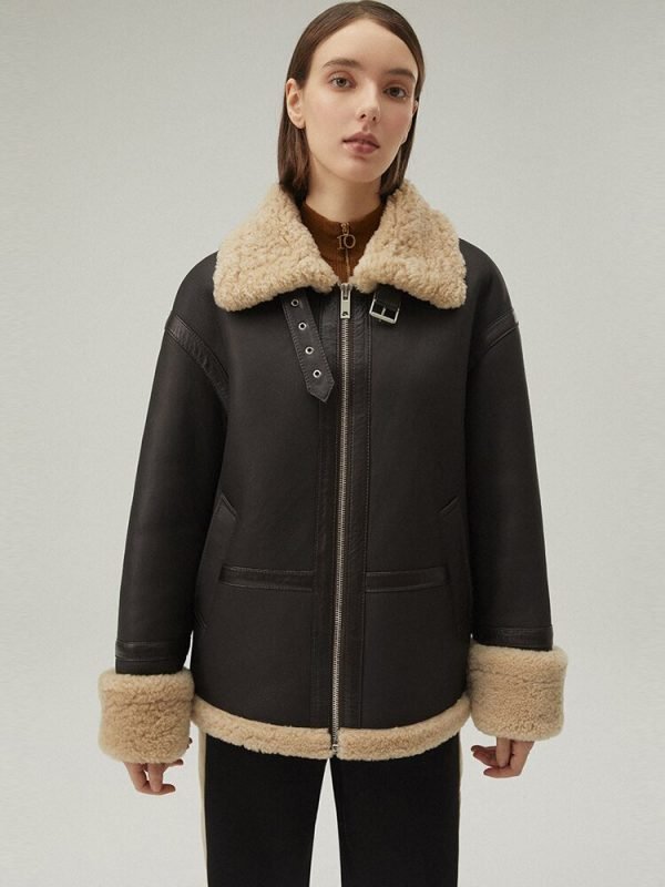 Women's Brown Shearling Leather Jacket In Matte Black